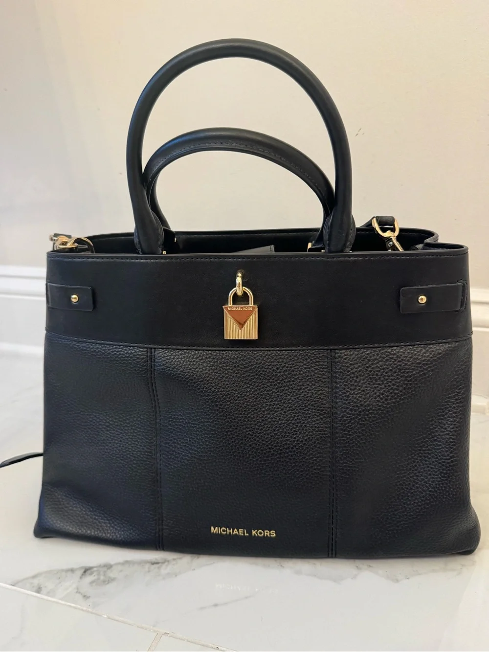 Michael Kors Black Structured Satchel Crossbody Bag Gold Hardware